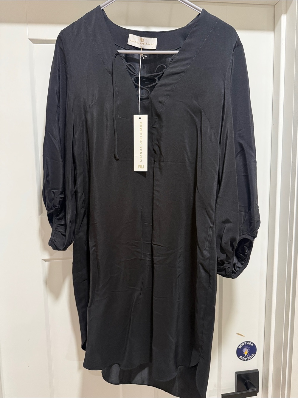 Amanda Uprichard Black Lace-Up V-Neck Long Sleeve Dress